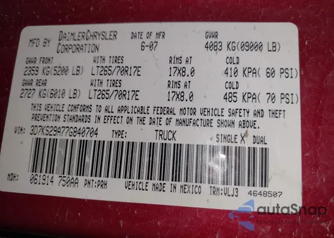 2007 Dodge Ram 2500 Laramie z USA, uszkodzony, nr VIN 3D7KS29A77G840704